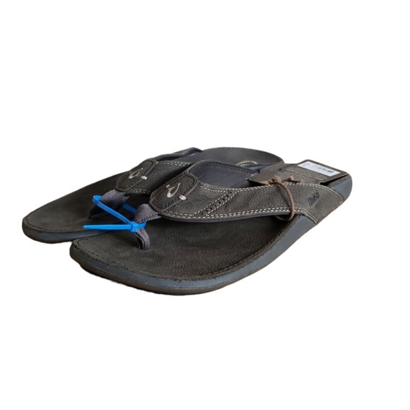 OluKai Nui Men’s Flip Flop Sandals Full Grain Leather Gray Size 12 NEW - Picture 1 of 11